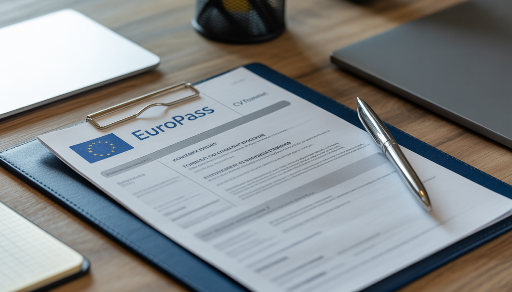 Currículo no formato Europass sobre mesa com caneta e documentos de processo seletivo, candidatura a emprego em Luxemburgo para brasileiros