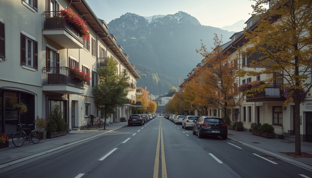 morar em Liechtenstein Rua residencial em Schaan, Liechtenstein, com apartamentos modernos e ruas limpas em dia de outono