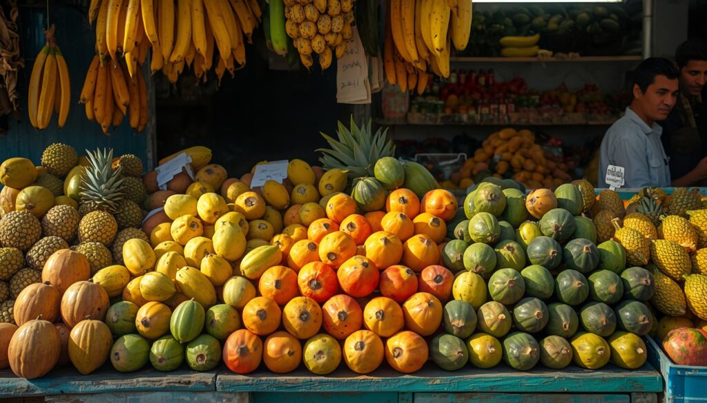 Mercado colombiano com variedade de frutas tropicais exóticas, representando o baixo custo de alimentação para quem mora na Colômbia