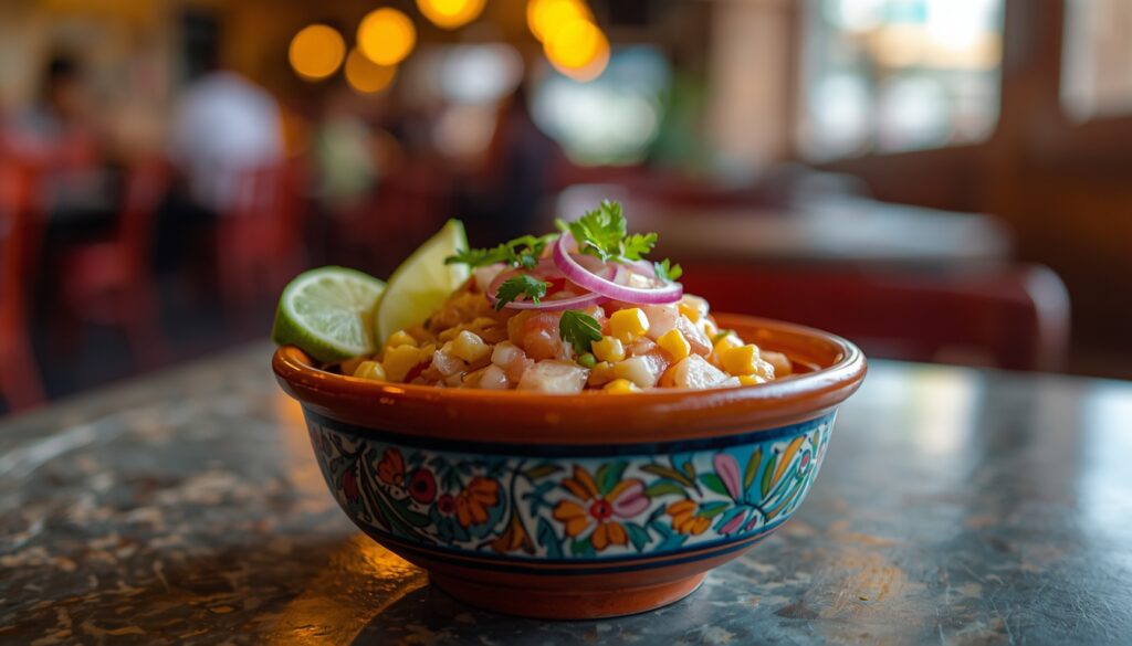 Ceviche peruano fresco com decoração de milho choclo e limão, representando a gastronomia acessível do Peru para quem mora em Lima em 2026