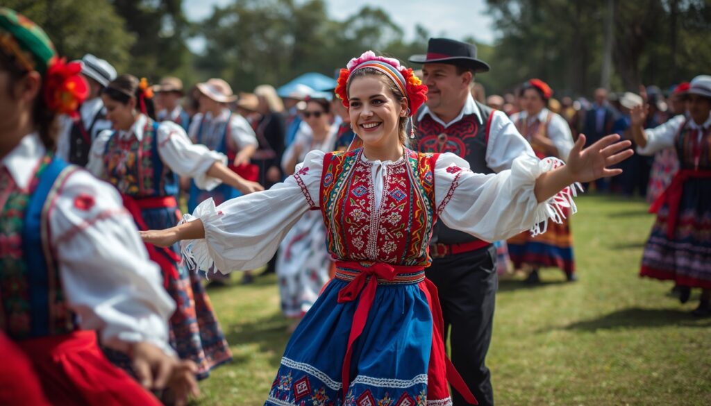 Celebração cultural ucraniana no Paraná com trajes típicos coloridos, representando a maior comunidade de descendentes ucranianos da América Latina que podem morar na Ucrânia pela dupla cidadania