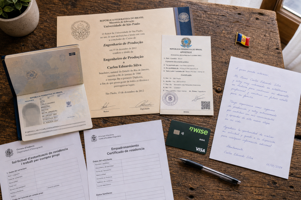 Diploma universitário apostilado e documentos organizados em espanhol para processo de autorização de trabalho em Andorra para brasileiros em 2026