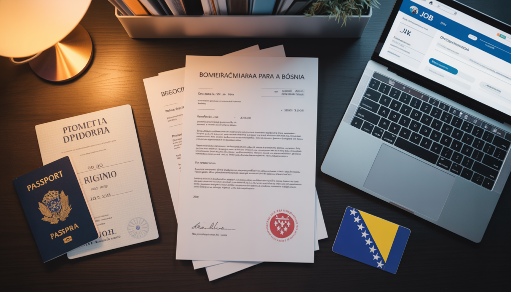 Diploma universitário apostilado e documentos organizados em bósnio e inglês para processo de autorização de trabalho na Bósnia e Herzegovina para brasileiros em 2026