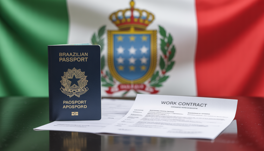 Mesa com passaporte brasileiro, contrato de trabalho e documentos apostilados necessários para trabalhar em San Marino em 2026