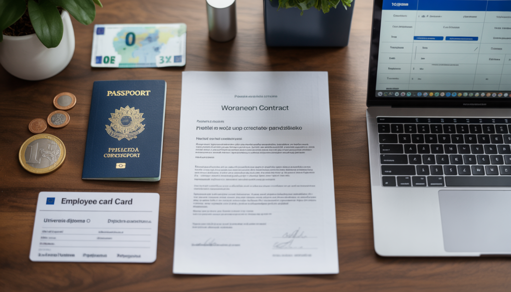 Flat lay organizado com passaporte brasileiro contrato de trabalho em tcheco formulário do Employee Card diploma universitário e coroas tchecas sobre mesa de madeira com laptop ao fundo