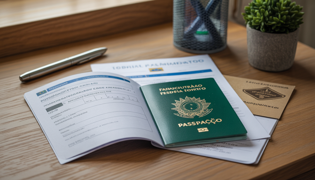 Morar na Bósnia e Herzegovina em 2026: Guia Completo para Brasileiros Mesa com passaporte brasileiro, formulário de residência temporária em bósnio, carimbo de apostila e caneta sobre papel