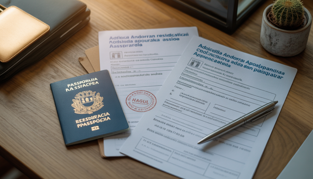 Morar em Andorra em 2026: Guia Completo para Brasileiros Mesa com passaporte brasileiro, formulários de residência passiva em catalão e espanhol, carimbo de apostila e caneta