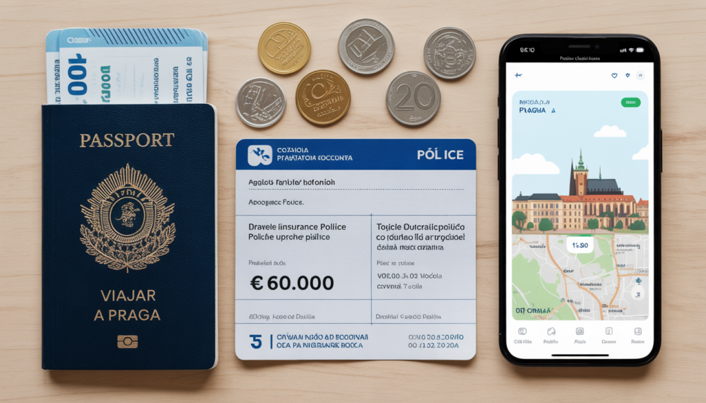 Flat lay organizado com passaporte brasileiro apólice de seguro viagem com cobertura de €60.000 passagem para Praga coroas tchecas e euros e celular com mapa da Old Town