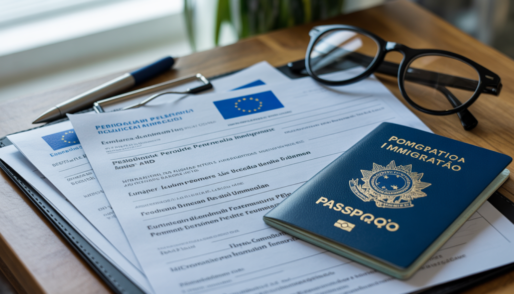 Passaporte brasileiro sobre mesa com formulários de visto e documentos de imigração para Liechtenstein