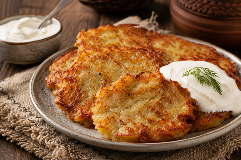 Draniki, a panqueca de batata belarussa servida com smetana (creme de leite) — prato nacional que todo brasileiro vai conhecer ao morar em Belarus