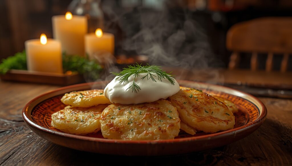 Prato de draniki, as tradicionais panquecas de batata belarussa servidas com smetana, prato nacional obrigatório para turistas que viajam para Belarus