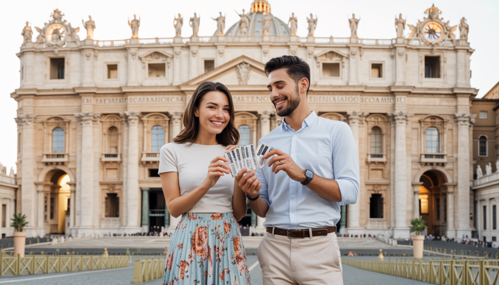 Turista com vestimenta adequada (ombros e joelhos cobertos) na fila de entrada da Basílica de São Pedro no Vaticano