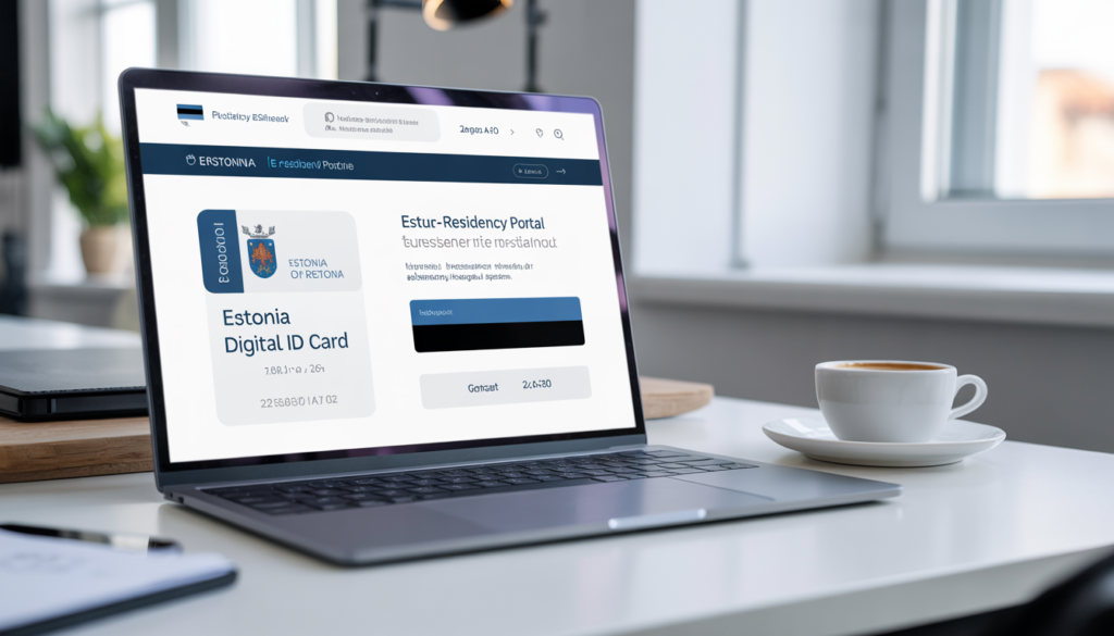 Tela de computador mostrando o portal da e-Residency da Estônia com interface digital e cartão de identificação eletrônica estoniano