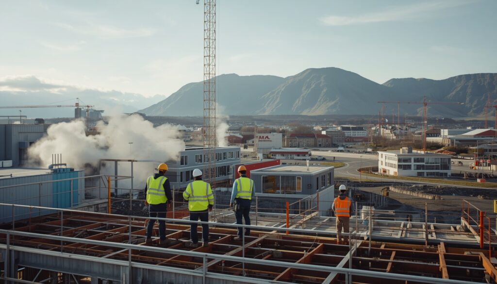 Trabalhadores em canteiro de obras na Islândia, representando as oportunidades de emprego na Islândia para brasileiros em setores como construção