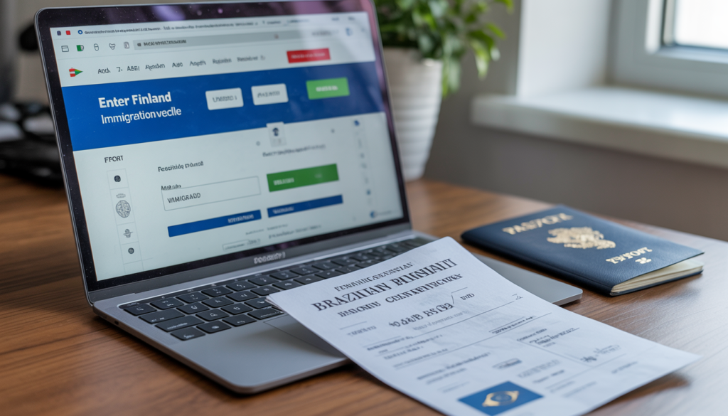 Tela do sistema Enter Finland do Migri aberta em computador com passaporte e documentos apostilados ao lado — processo de residência para brasileiros na Finlândia