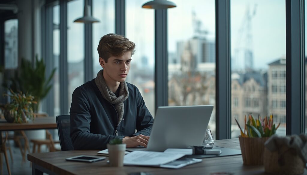 Profissional de tecnologia trabalhando em escritório moderno em Helsinki com vista para a cidade ao fundo