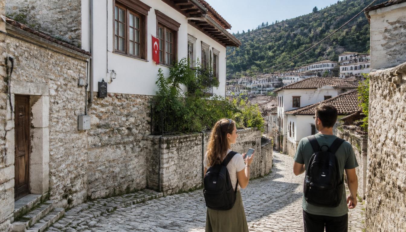 Turista usando eSIM com GPS e mapas em Berat Albania cidade UNESCO em 2026