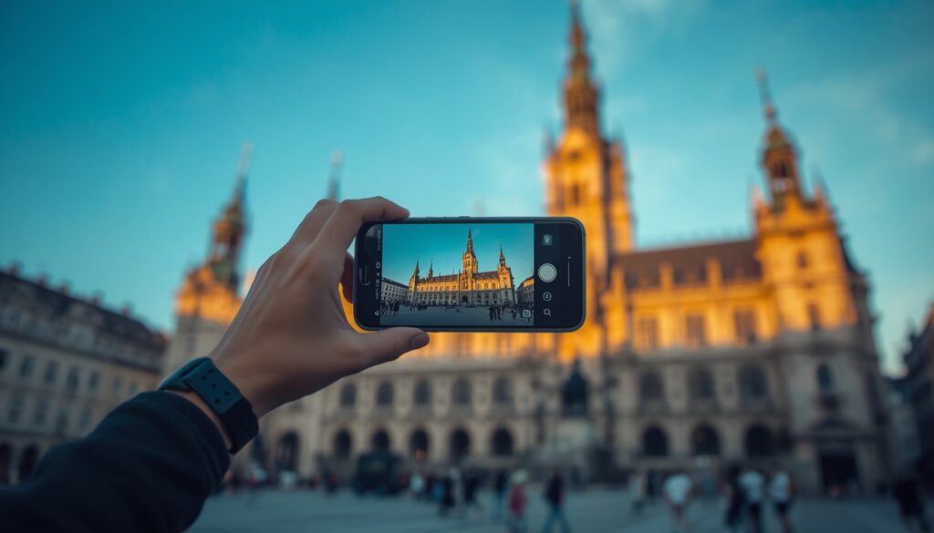 Pessoa tirando foto da Marienplatz em Munique para compartilhar usando a internet do eSIM para Alemanha.