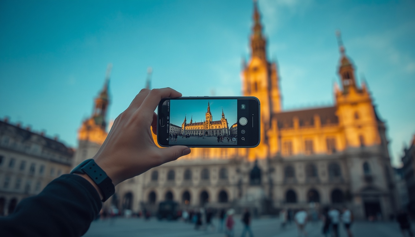 Turista usando eSIM para Alemanha em Munique com internet 4G explorando a cidade em 2026