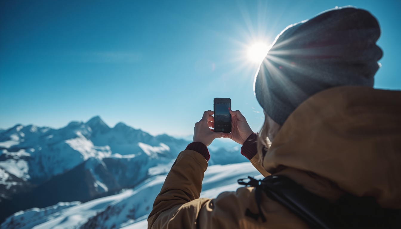 Turista com eSIM para Andorra usando celular nas pistas de esqui de Grandvalira em 2026