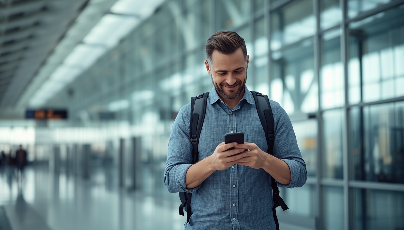 Turista brasileiro no aeroporto de Viena usando eSIM para Áustria — internet ativa no desembarque