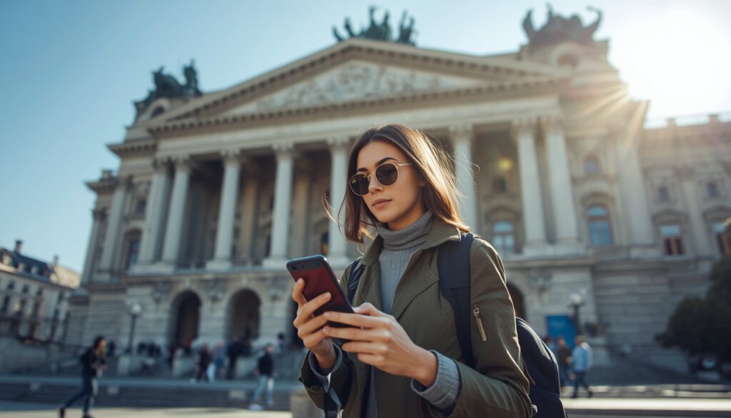 Turista utilizando o celular para conferir rotas de trem perto da Ópera de Viena, conectado com o eSIM para Áustria.