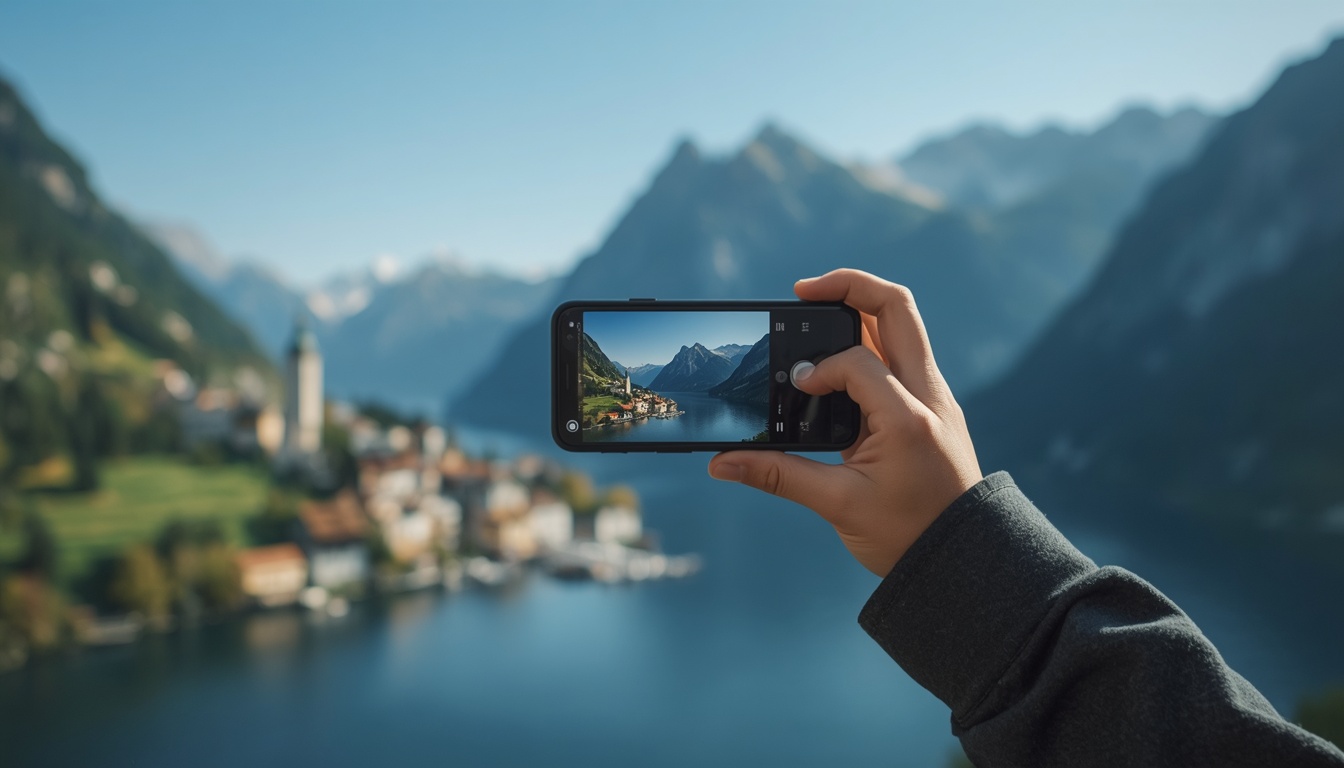 Turista em Hallstatt, Áustria, com celular e eSIM ativo para internet no exterior