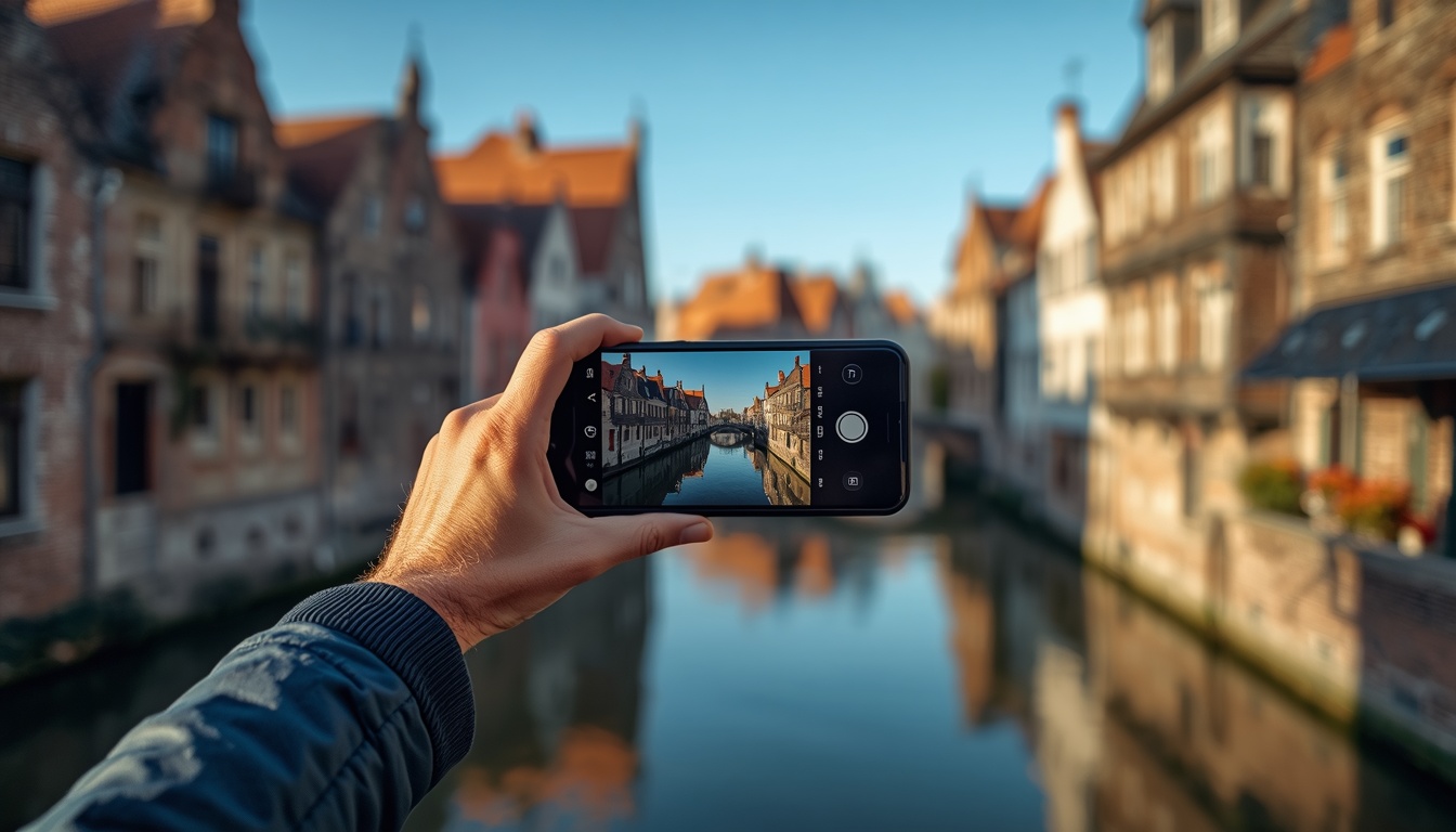 Turista brasileiro usando eSIM na Bélgica em Bruges navegando pelo GPS nos canais 2026
