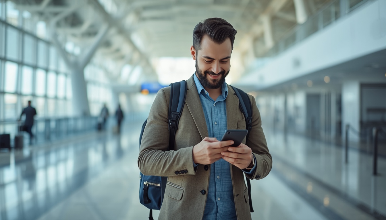 Turista no aeroporto de Larnaca no Chipre com eSIM ativo — internet funcionando no desembarque