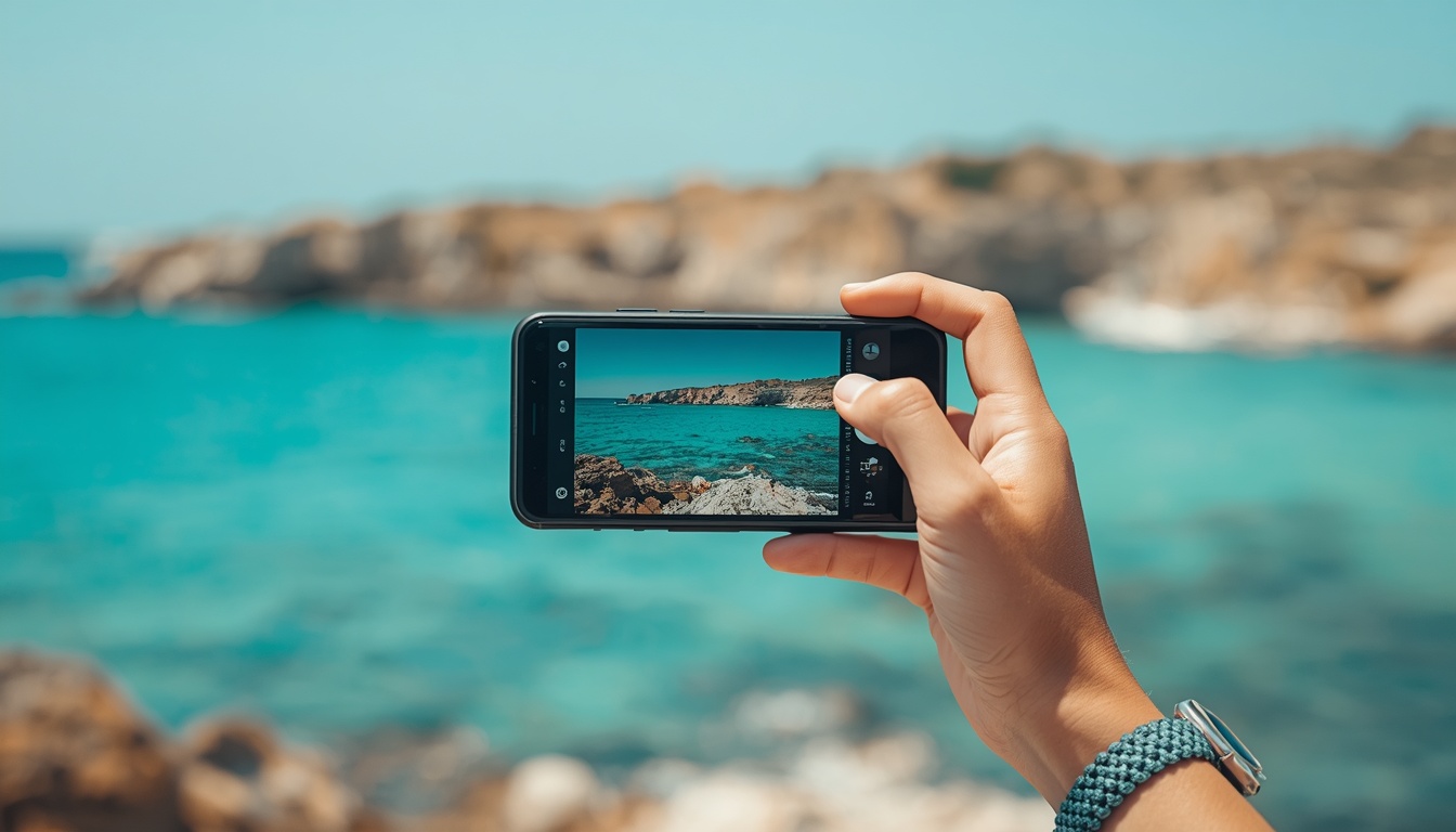 Turista em Ayia Napa, Chipre, com celular e eSIM ativo — internet funcionando na praia