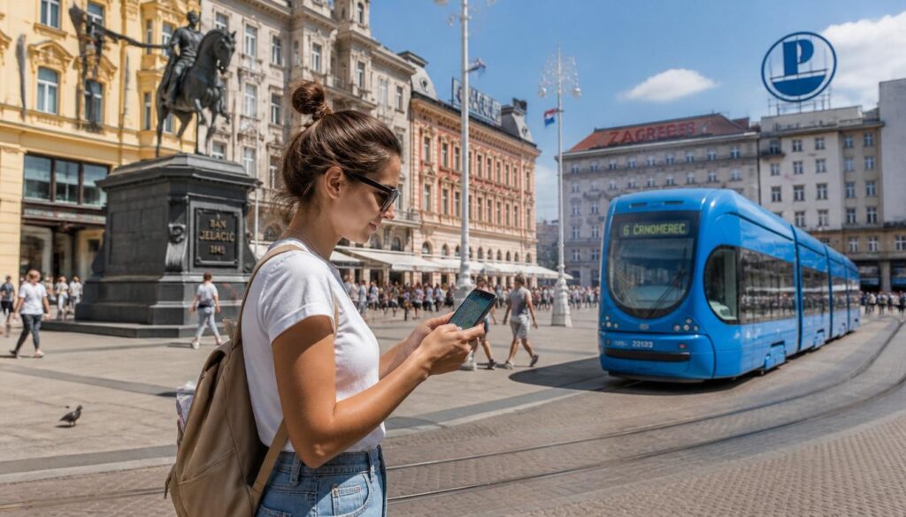 Turista utilizando o celular com aplicativo de mapas na Praça Ban Jelačić em Zagreb, conectado com o eSIM para Croácia.