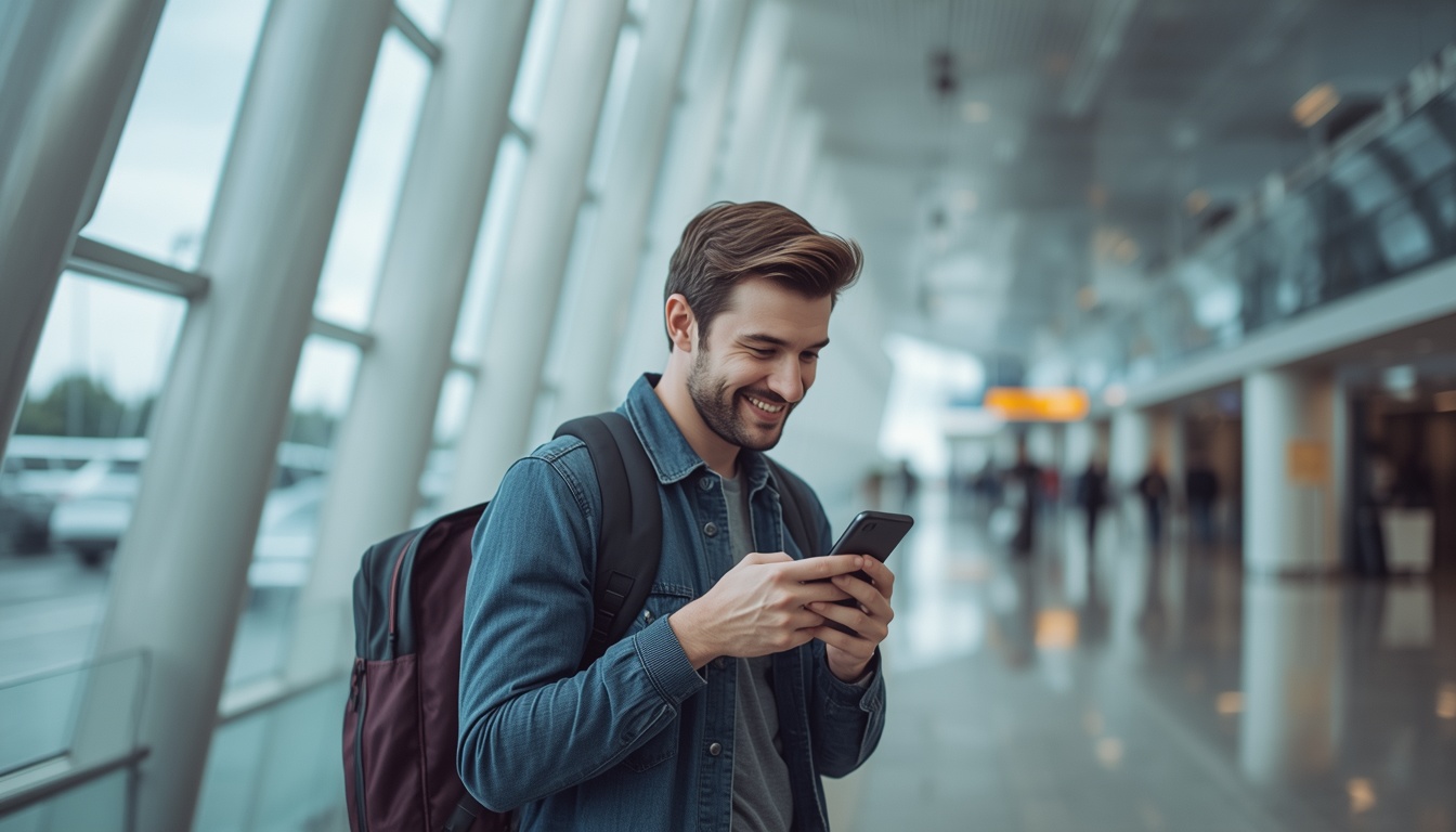 Turista brasileiro usando eSIM na Dinamarca no aeroporto de Copenhague no desembarque 2026