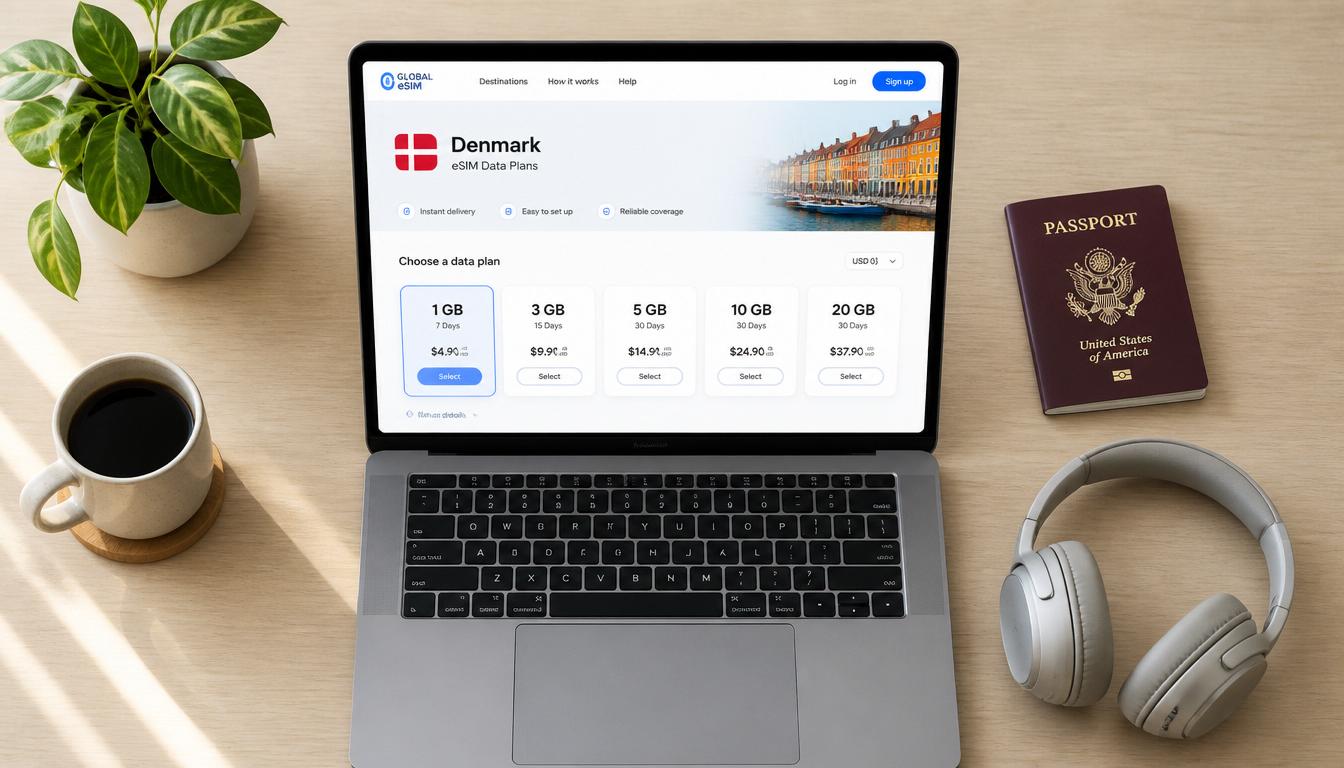 Compra de eSIM para a Dinamarca online em 2026 — chip internacional digital no celular