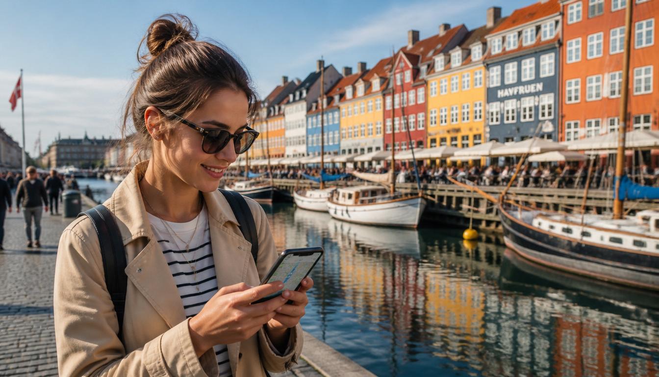 eSIM na Dinamarca com conexão 4G em Copenhague 2026 — turista usando celular em Nyhavn