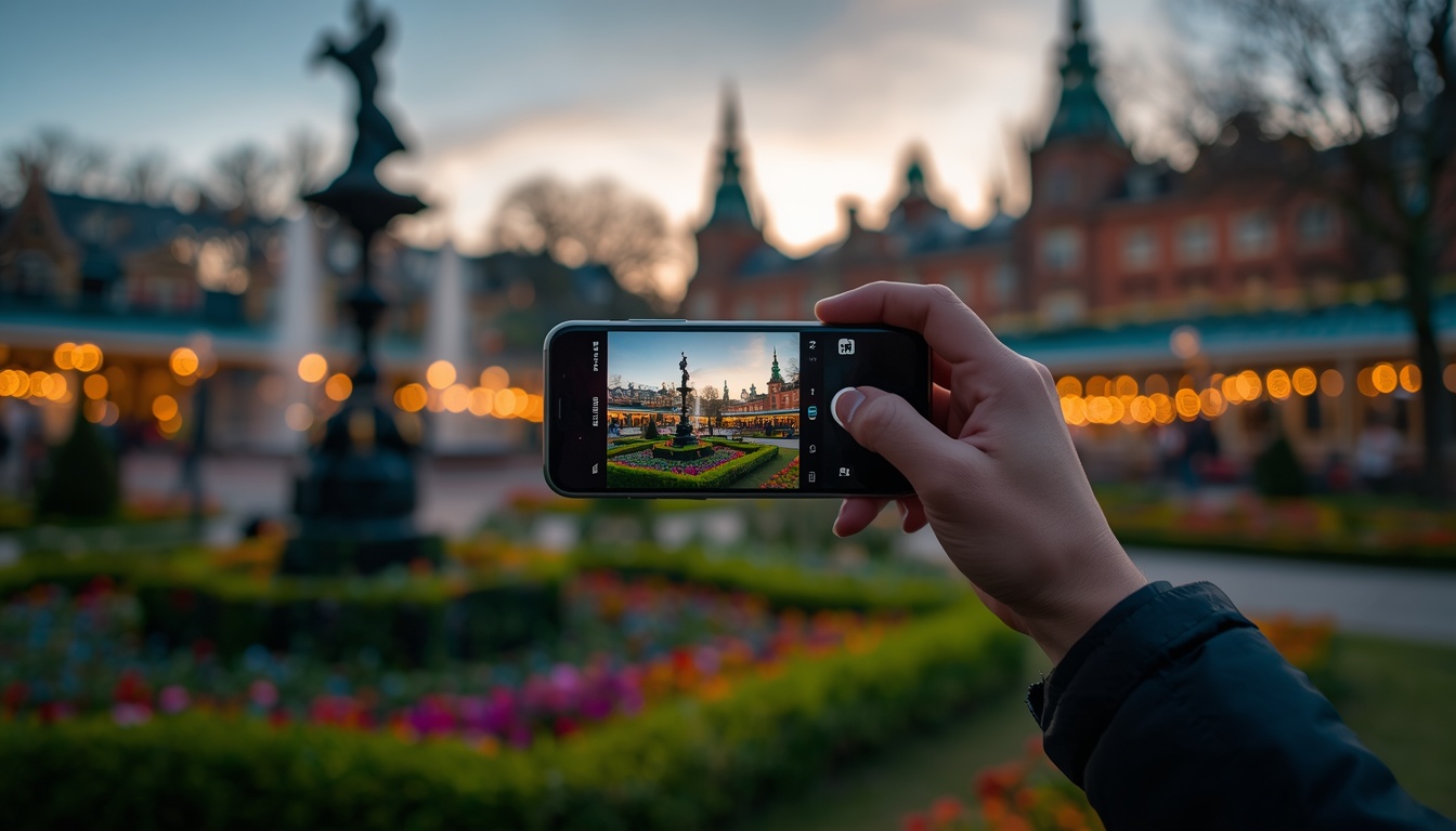 Turista brasileiro usando eSIM na Dinamarca no Jardim Tivoli em Copenhague 2026