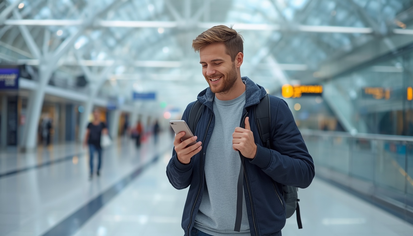 Turista usando eSIM para Eslováquia ao desembarcar no aeroporto de Bratislava em 2026