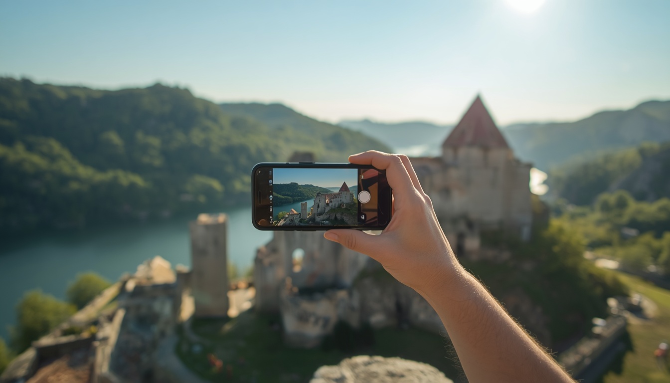 Turista usando eSIM para Eslováquia visitando o Castelo de Devín perto de Bratislava em 2026