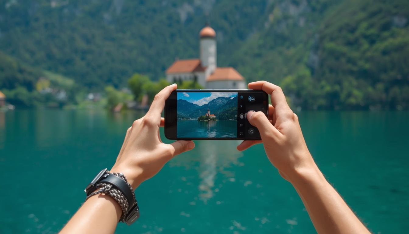 Turista usando celular com eSIM no Lago Bled, Eslovênia, 2026