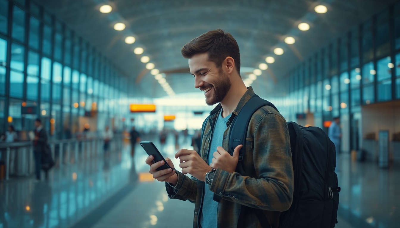 Turista brasileiro usando eSIM para Espanha no aeroporto de Madri no desembarque 2026