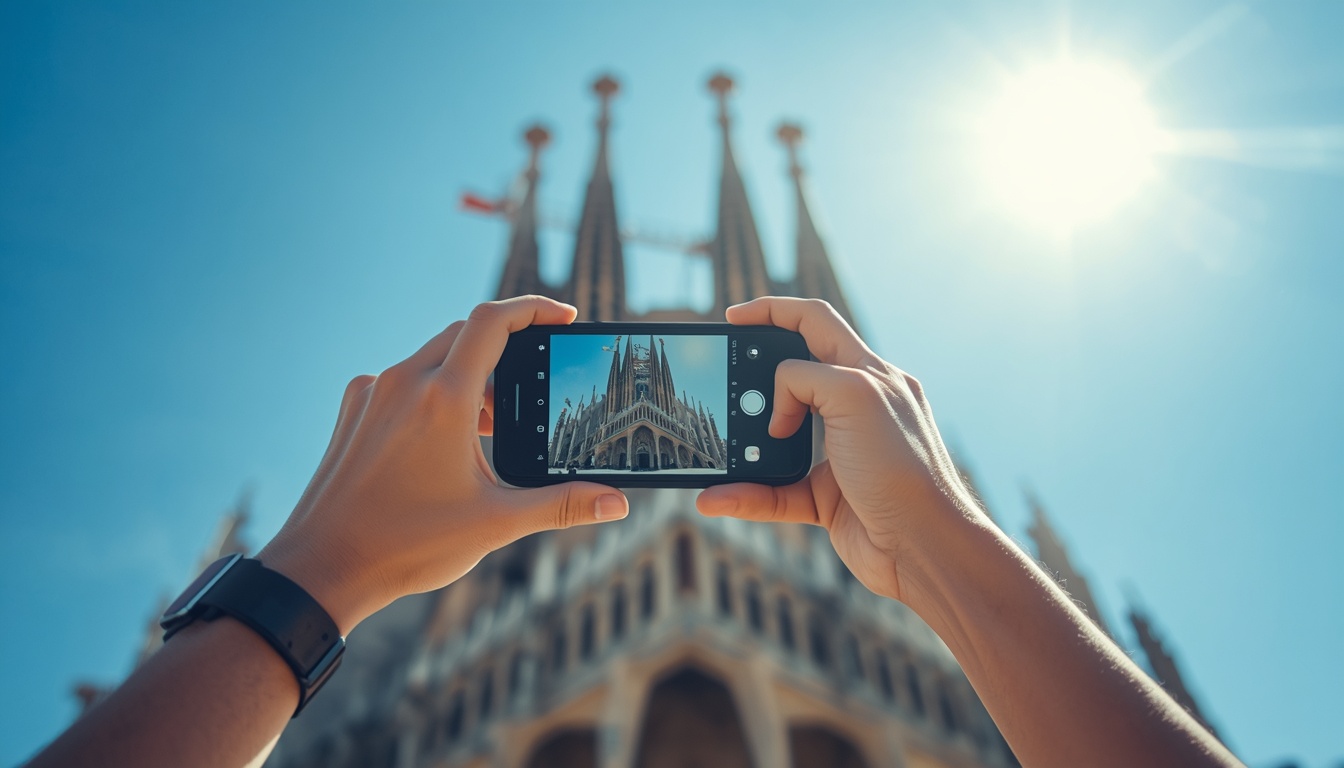 Turista brasileiro usando eSIM para Espanha em Barcelona navegando pelo GPS 2026