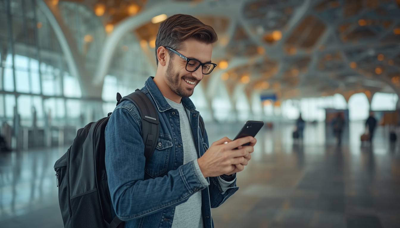 Turista no aeroporto de Tallinn com eSIM ativo — internet funcionando no desembarque na Estônia