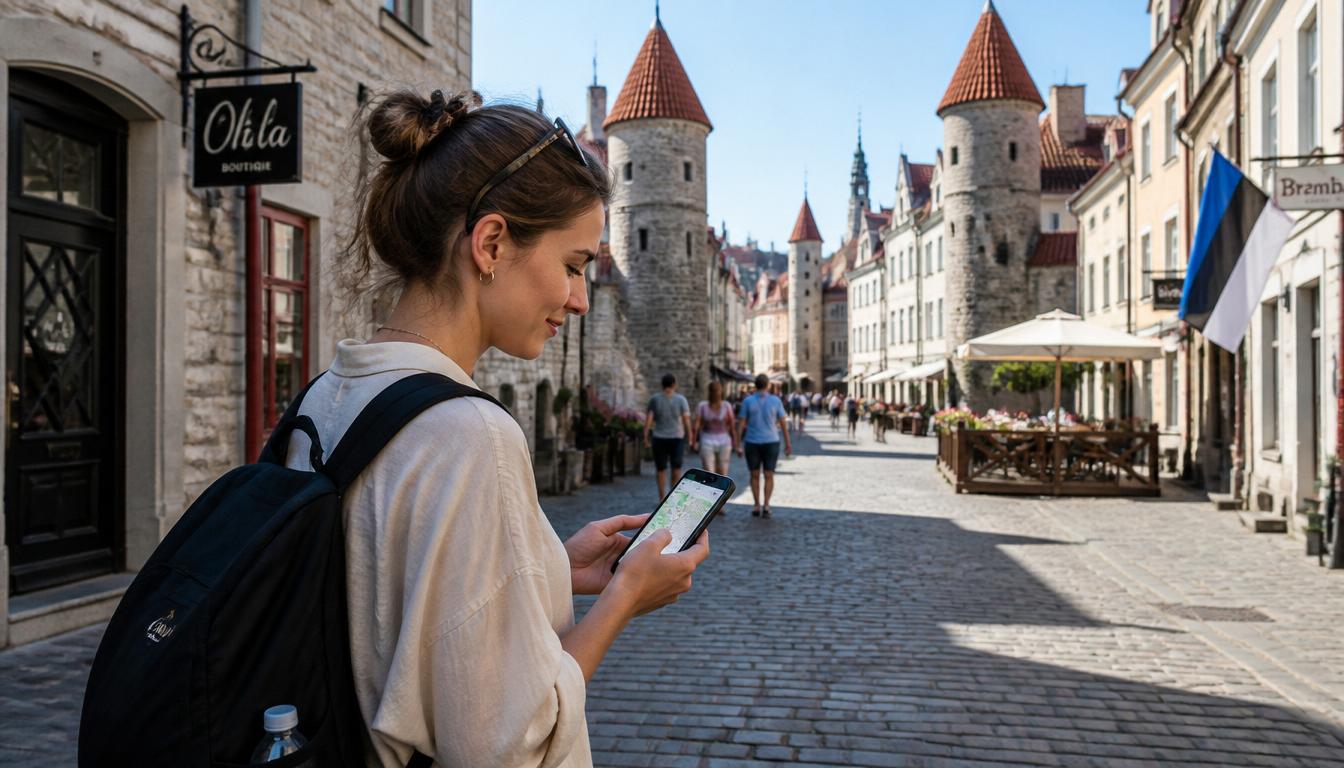 eSIM para Estônia 2026 — turista conectado com celular em Tallinn usando eSIM internacional
