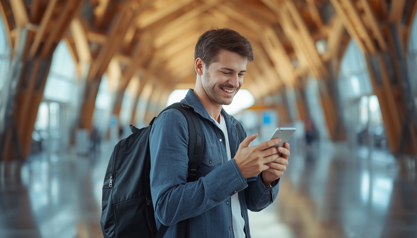 Turista no aeroporto de Helsinque com eSIM ativo — internet 4G funcionando no desembarque na Finlândia