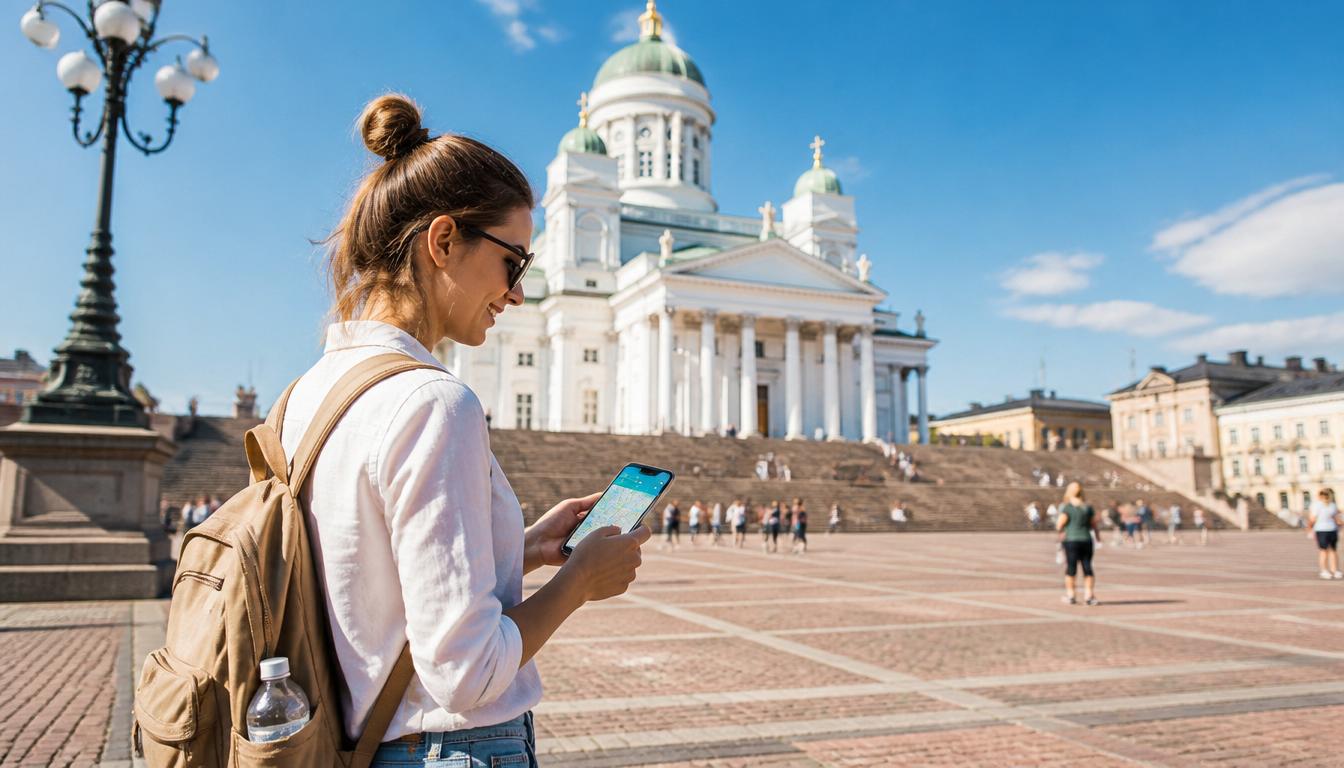 eSIM para Finlândia 2026 — turista conectado com celular em Helsinque usando eSIM internacional