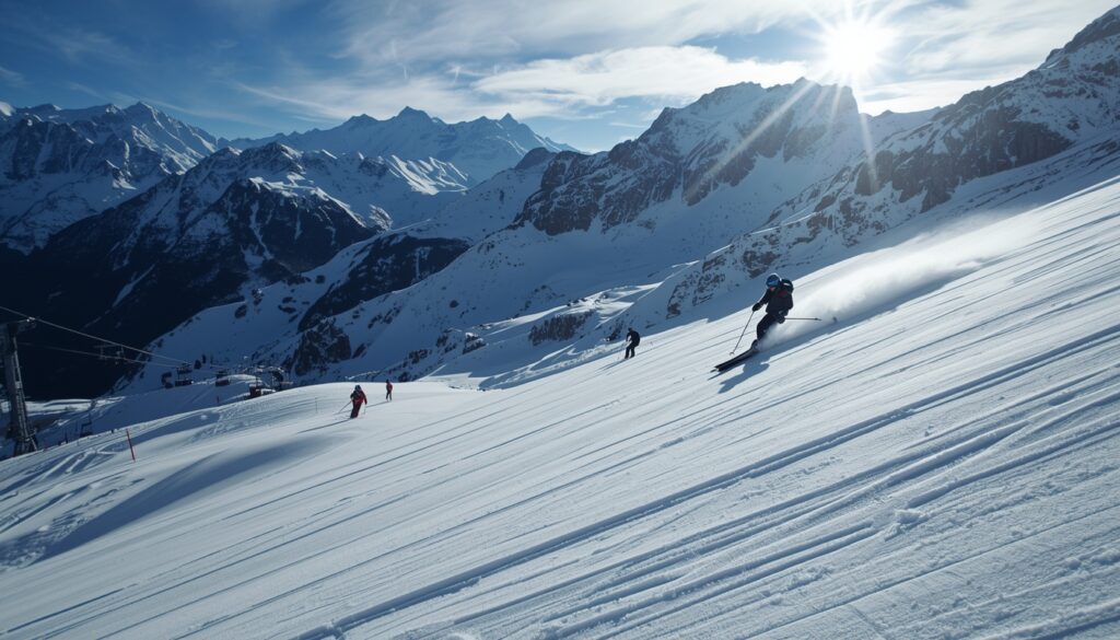  Esquiadores descendo as pistas da estação Grandvalira em Andorra, maior área esquiável dos Pireneus com 210 km de pistas, temporada de inverno 2026