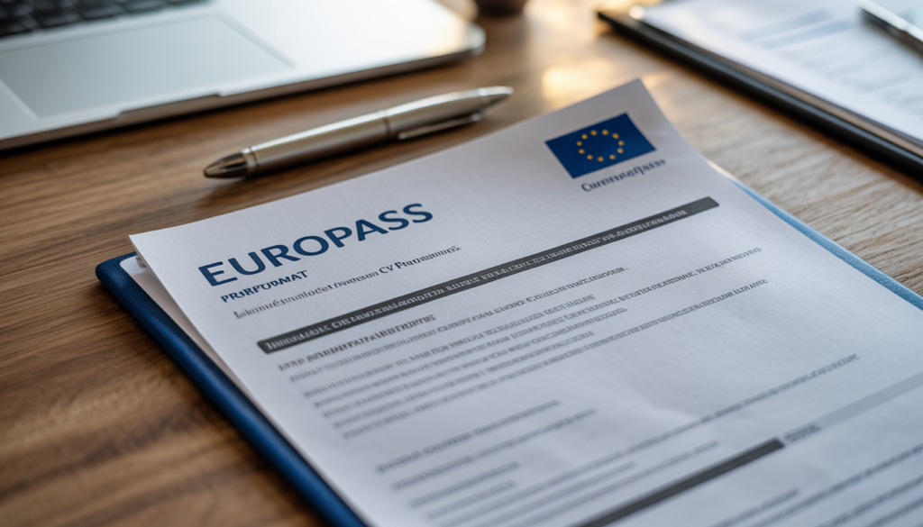 Currículo no formato Europass sobre mesa com caneta e documentos de processo seletivo, candidatura a emprego em Luxemburgo para brasileiros