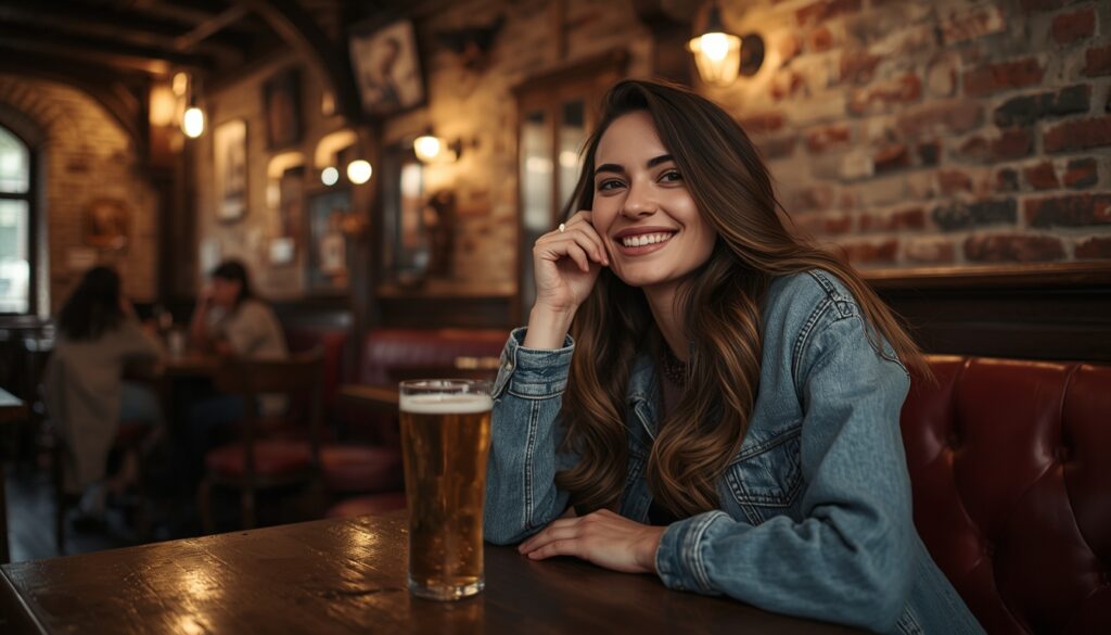 trabalhar na República Tcheca Jovem brasileira relaxada em pub tcheco tradicional em Praga com copo de cerveja tcheca sobre mesa de madeira em ambiente de tijolo aparente e decoração vintage acolhedora