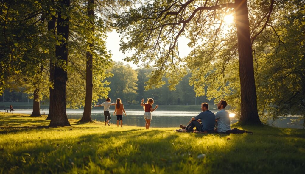 Família desfrutando de parque verde em Helsinki durante o verão finlandês com árvores e lago ao fundo