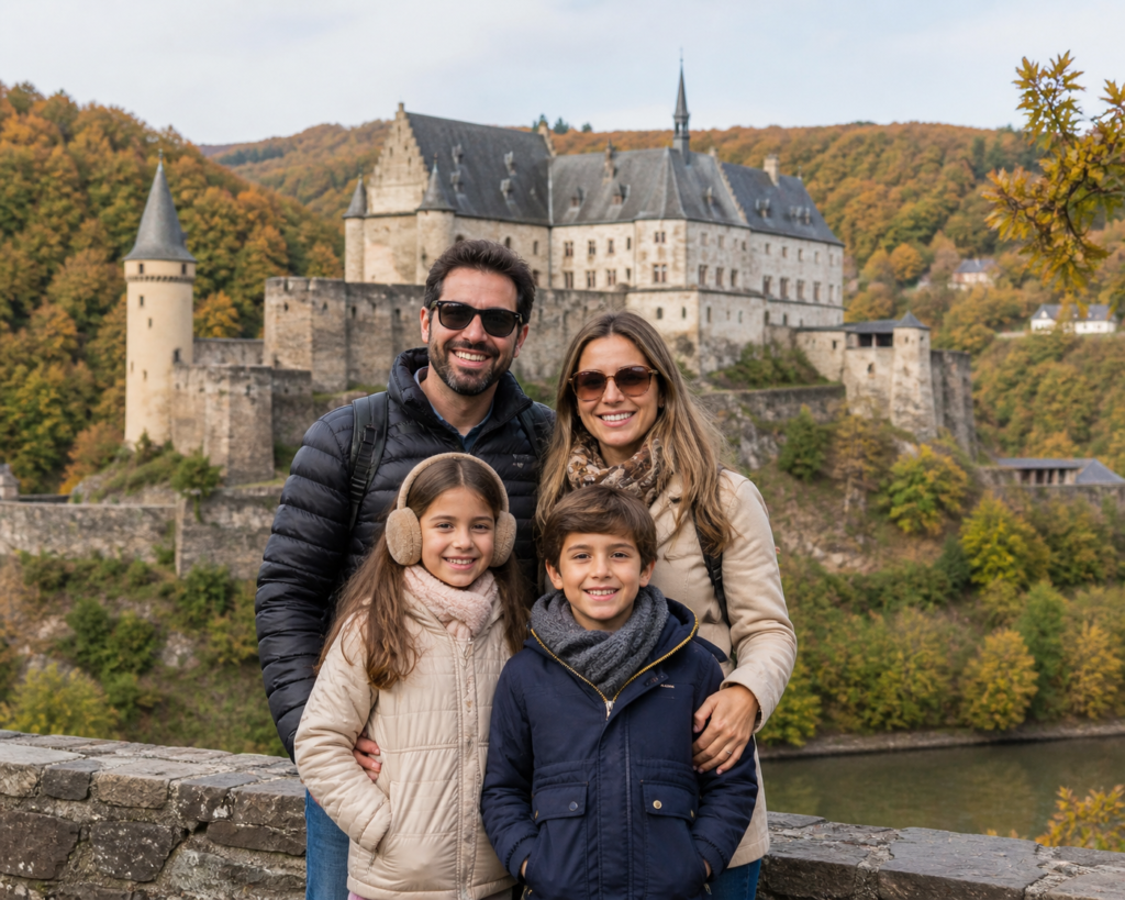 Família sorridente em frente ao Castelo de Vianden em Luxemburgo durante viagem de férias, destino europeu seguro para crianças que exige seguro viagem com cobertura Schengen