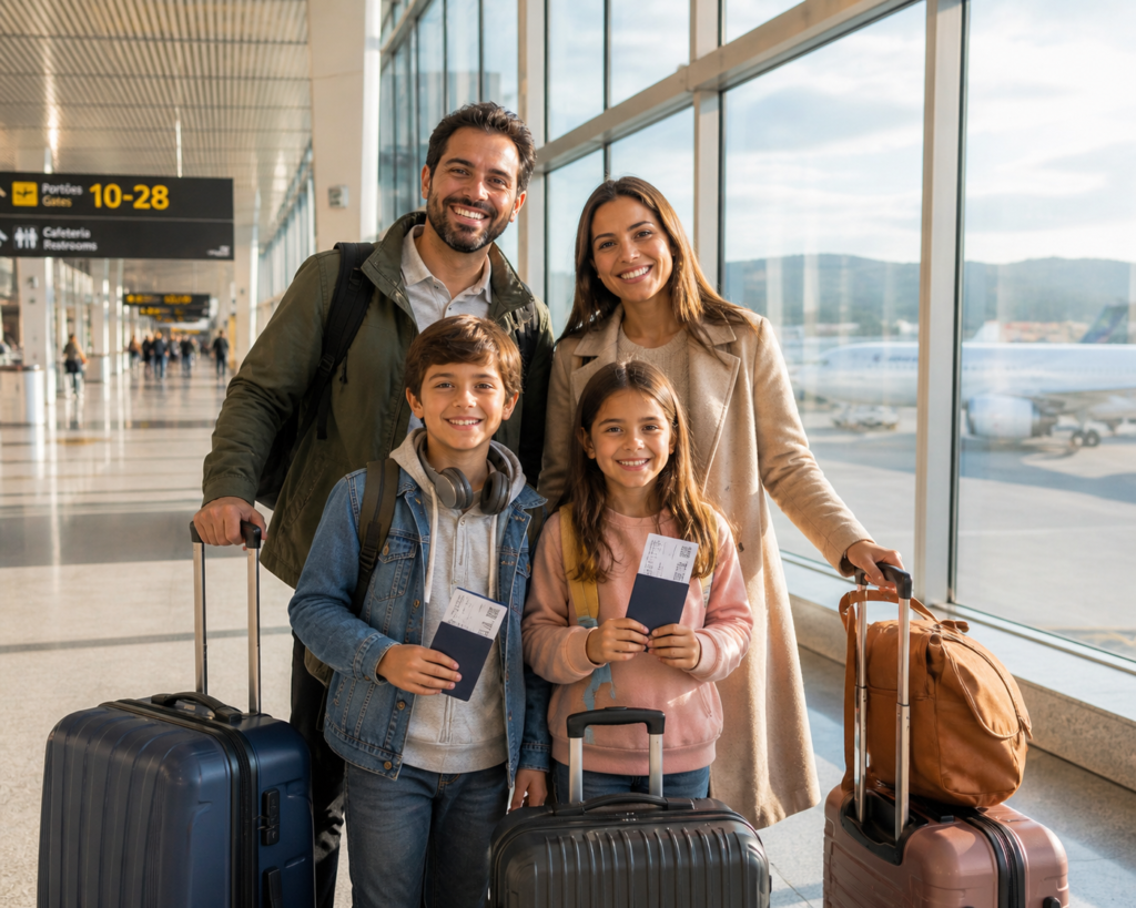 Família brasileira com malas no aeroporto pronta para embarcar para Mônaco, sorrindo e segurando documentos de viagem
